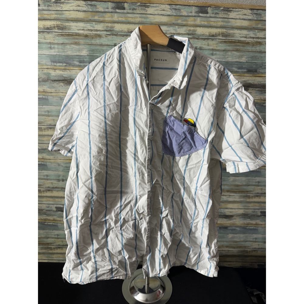 PacSun Button Down Shirt XL White Blue Excellent Striped Short Sleeve Umbrella